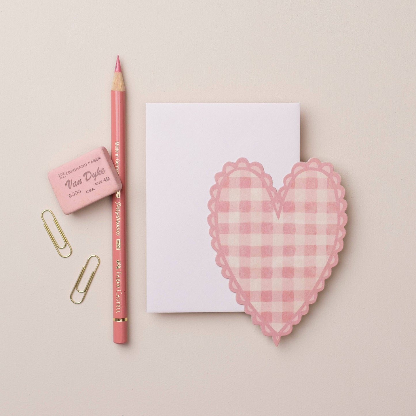 Pink gingham die-cut heart-shaped mini card with a pale pink envelope