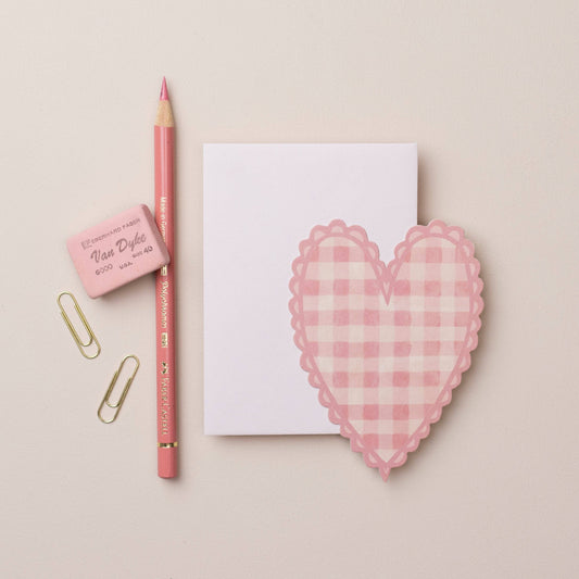 Pink gingham die-cut heart-shaped mini card with a pale pink envelope