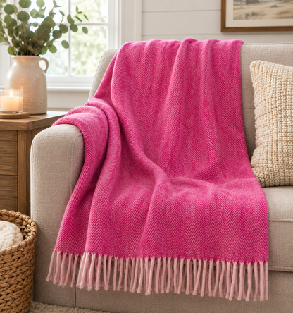 Close-up of Pink herringbone weave texture on wool throw blanket - PABOOM