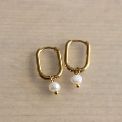 Gold Creole Oval Earrings w/Freshwater Pearl, Stainless