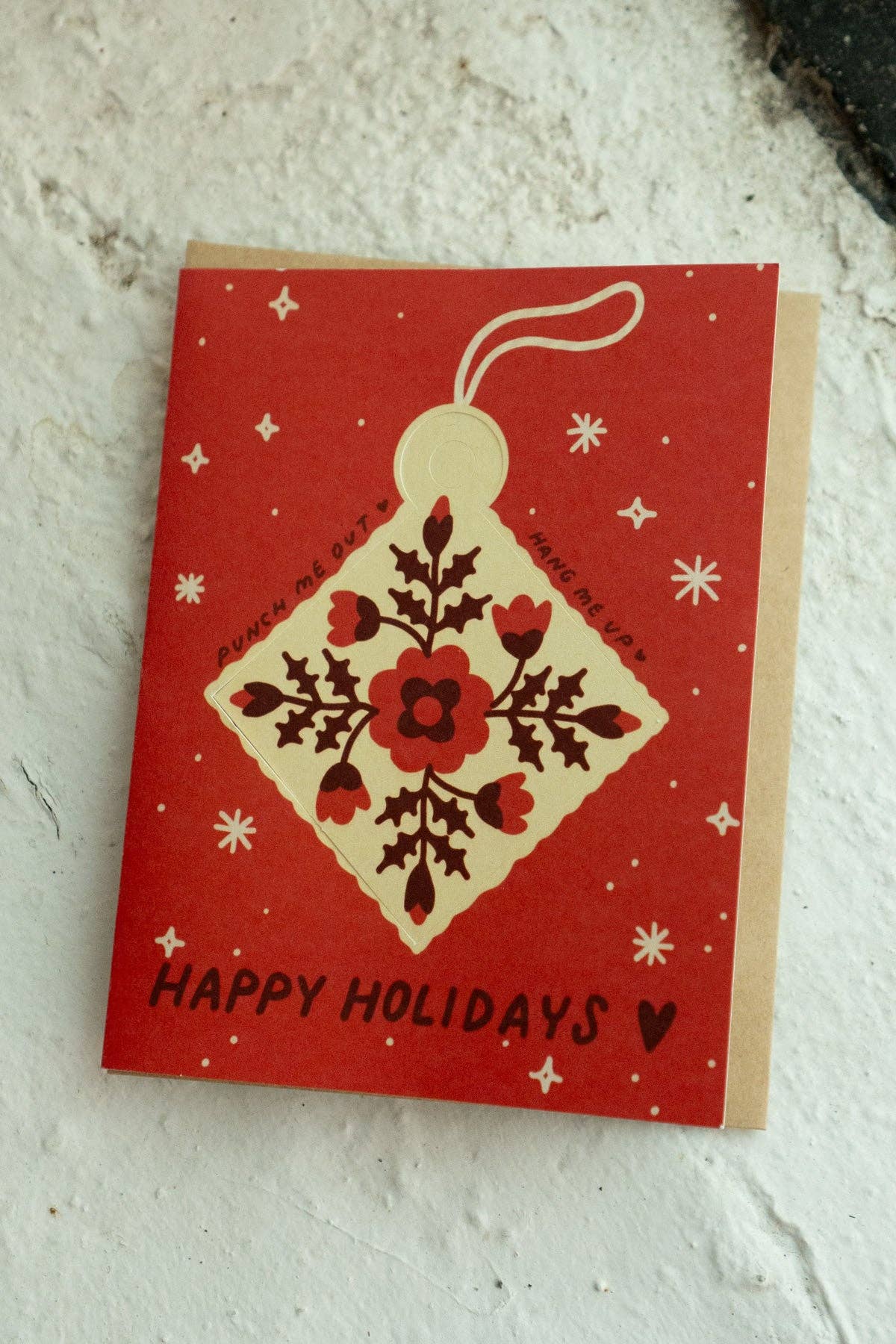 Holiday Quilt Block card, back of ornament with decorative stamp