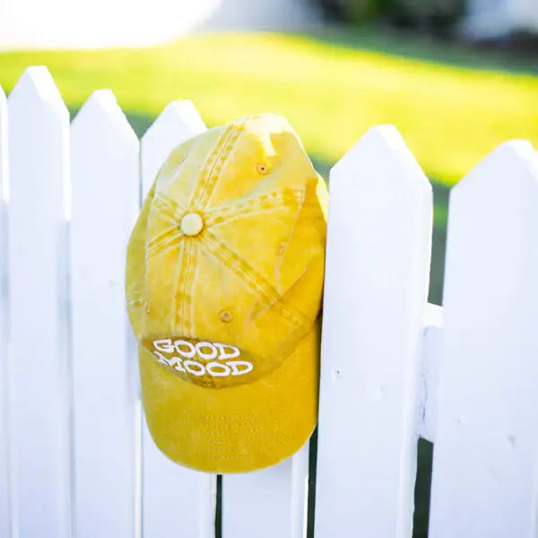 Good Mood washed mustard dad hat side view with low crown - PABOOM