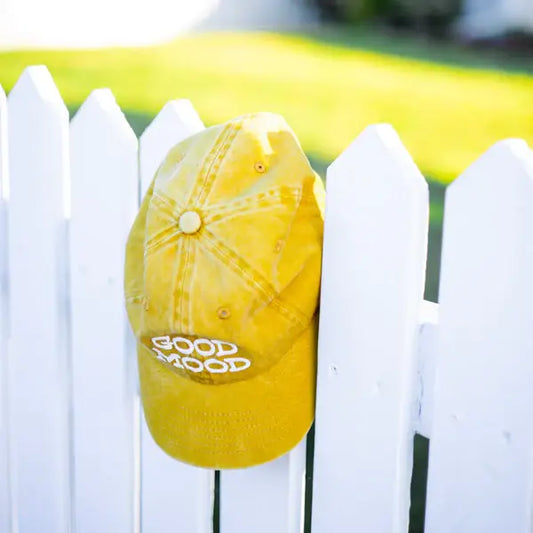 Good Mood washed mustard dad hat side view with low crown - PABOOM
