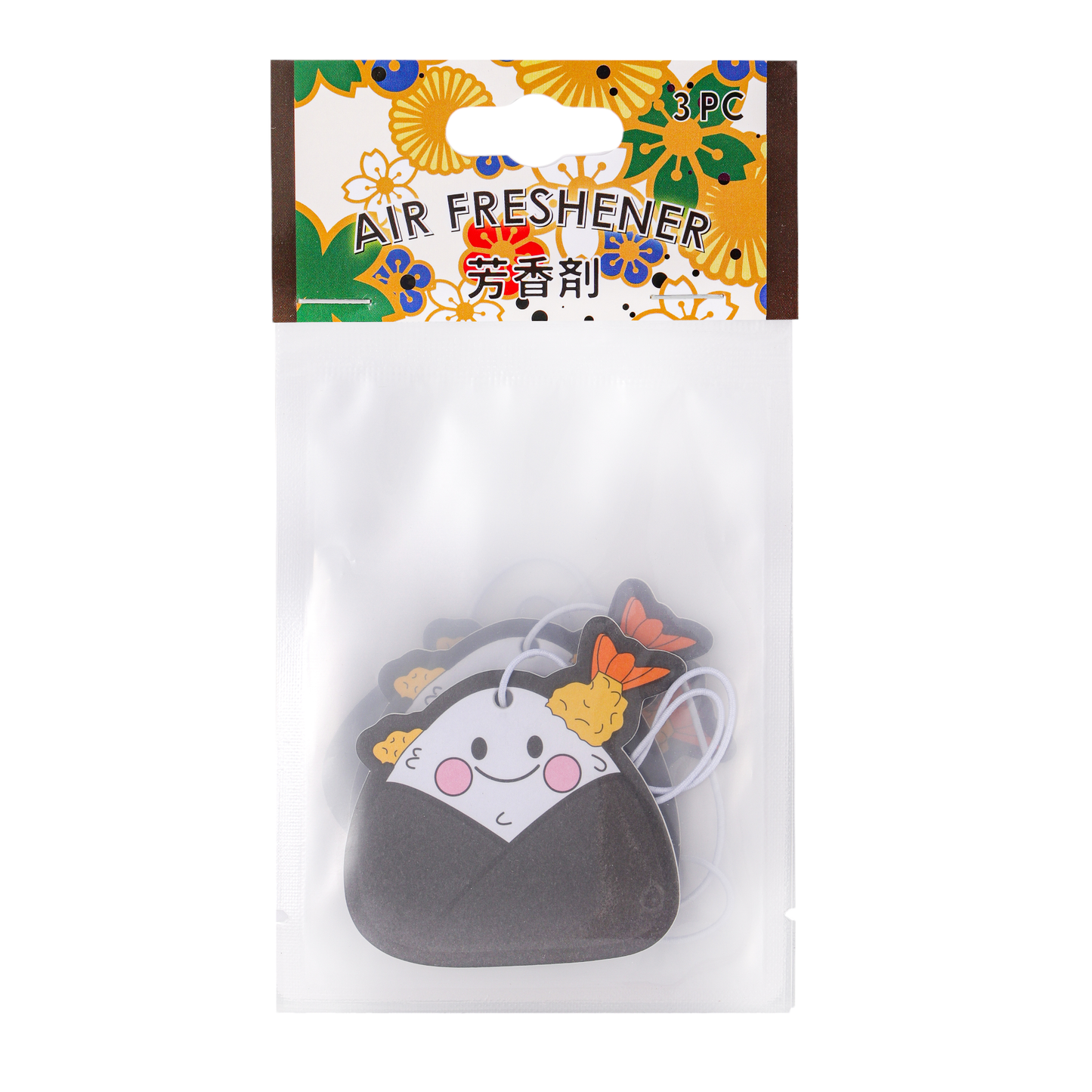 Packaged set of 3 onigiri-shaped jasmine air fresheners with a smiling rice ball character face and hanging strings