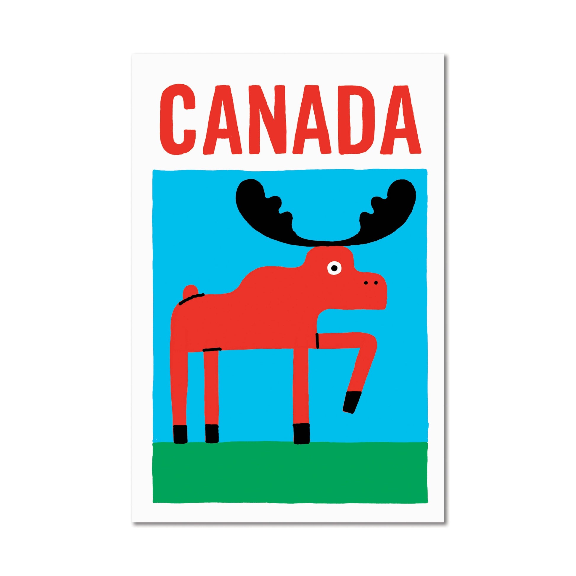 White postcard with bold red Canada text and a minimalist red moose illustration on blue and green background