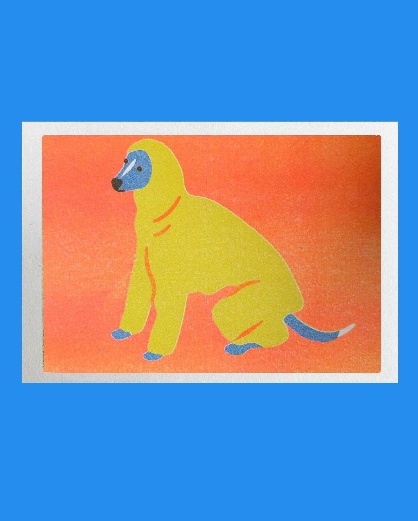 Risograph print of a dog in a bright yellow onesie with blue hood on an orange background - PABOOM