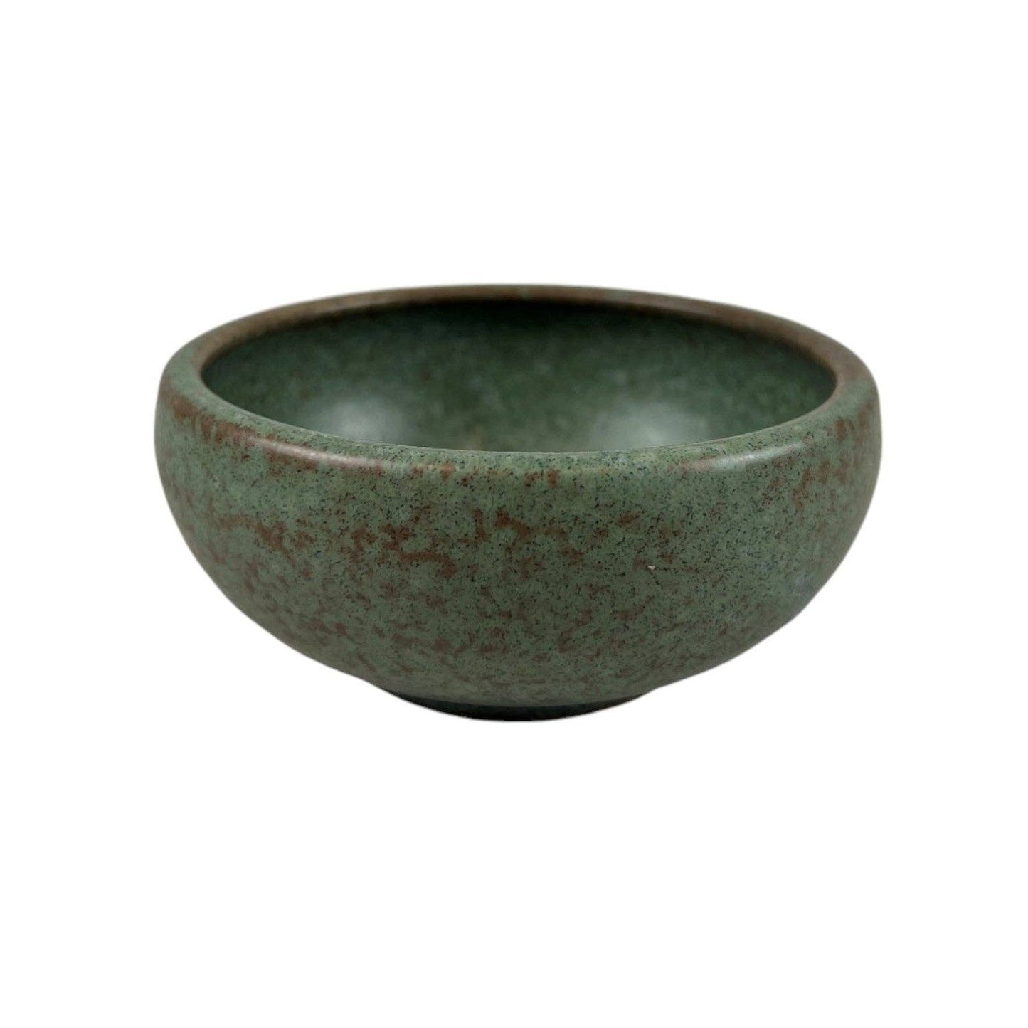 Speckled sage green matte porcelain shallow bowl viewed from a front angle