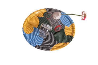 Planets design birchwood tray styled with tableware - PABOOM