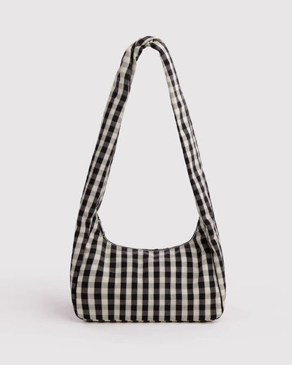 BAGGU Nylon Meringue Bag in black and cream gingham with structured twist strap - PABOOM