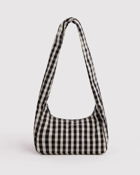BAGGU Nylon Meringue Bag in black and cream gingham with structured twist strap - PABOOM