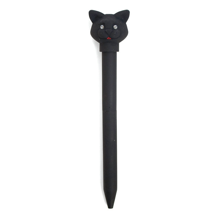 Black ballpoint pen with a black cat head topper featuring rhinestone eyes, shown upright on a white background.
