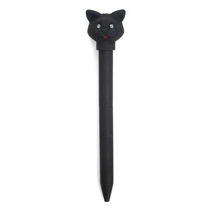 Black ballpoint pen with a black cat head topper featuring rhinestone eyes, shown upright on a white background.