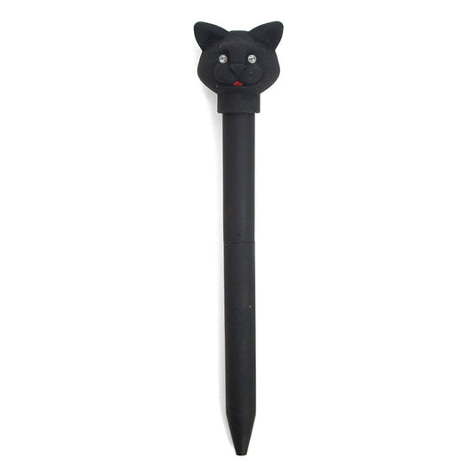 Black ballpoint pen with a black cat head topper featuring rhinestone eyes, shown upright on a white background.