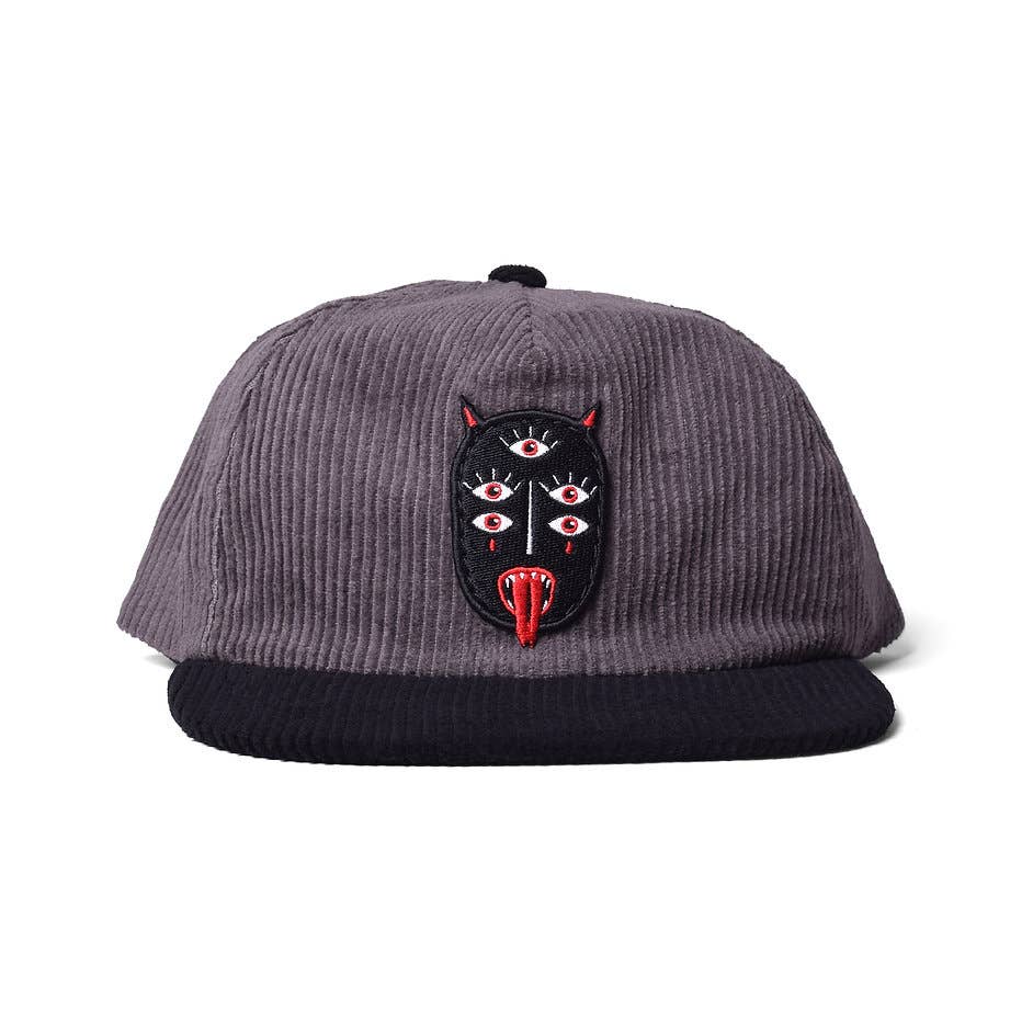 Charcoal grey corduroy dad hat with black brim and black embroidered Snake Lord patch featuring three eyes and a red tongue - PABOOM