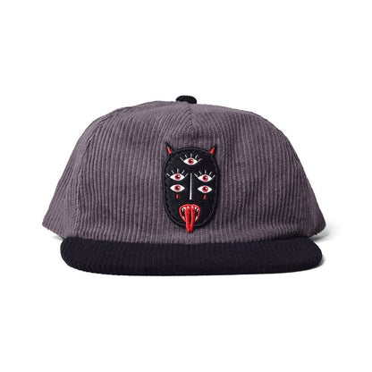 Charcoal grey corduroy dad hat with black brim and black embroidered Snake Lord patch featuring three eyes and a red tongue - PABOOM