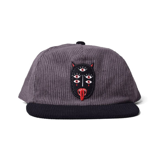 Charcoal grey corduroy dad hat with black brim and black embroidered Snake Lord patch featuring three eyes and a red tongue - PABOOM