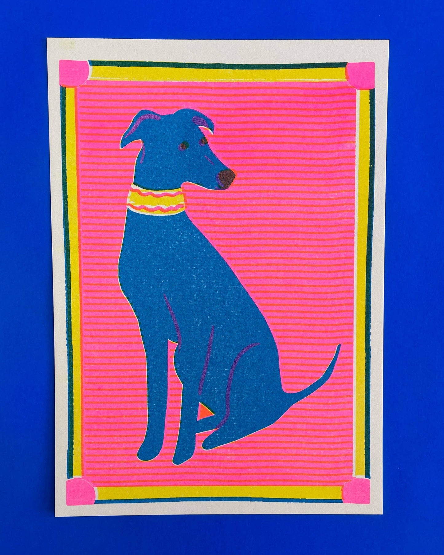 Risograph print of a blue greyhound on pink striped background with graphic yellow border - PABOOM