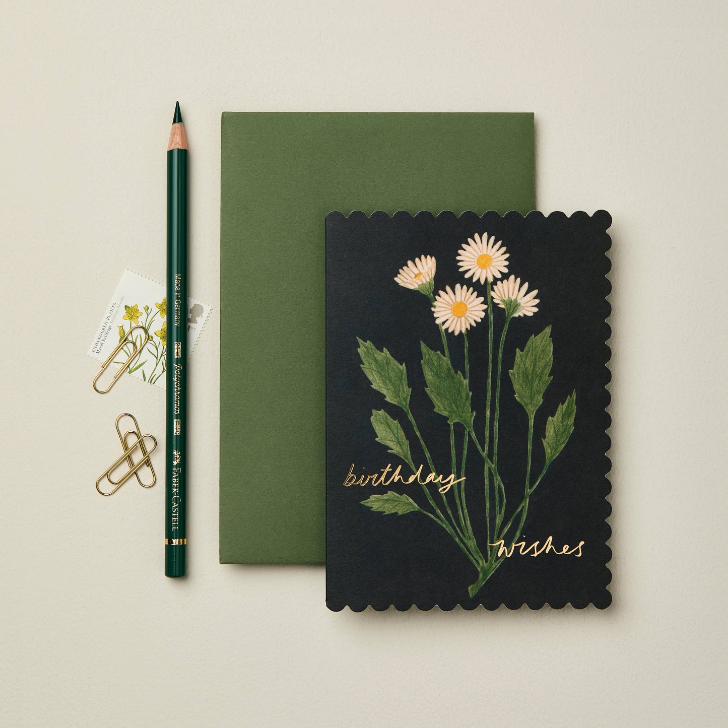 White daisy illustration on inky black scalloped card, reading Birthday Wishes in gold script