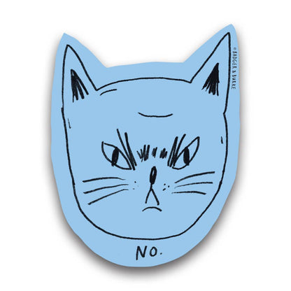 Die-cut blue grumpy cat face sticker with the word No - PABOOM