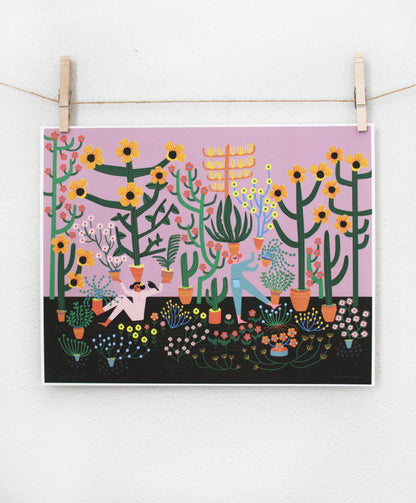 Archival print of two figures gardening among sunflowers and potted succulents on a lavender and black background, clipped to a string — PABOOM