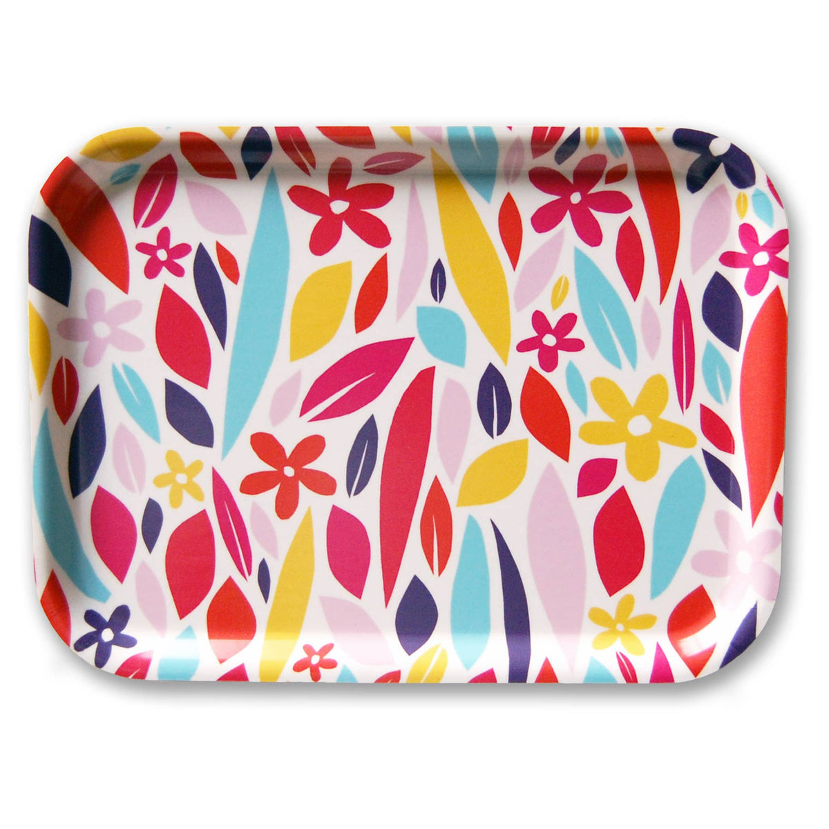 Rectangular birch tray printed with bold red, pink, yellow, aqua and purple wildflowers and leaves on white - PABOOM