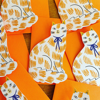Sitting Kitty Shaped Greeting Card - Black White close-up of the purple bow detail