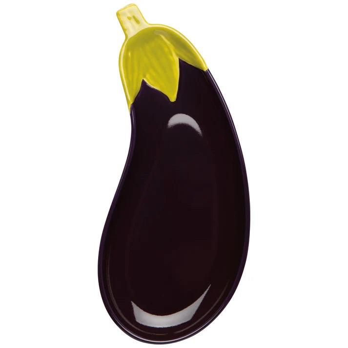 Glossy deep-purple stoneware dish shaped like an eggplant with a yellow-green stem – PABOOM