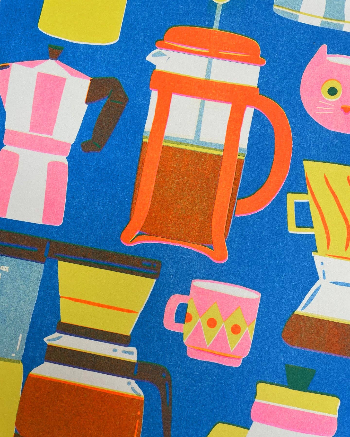Coffee Pot risograph print shown unframed on a table - PABOOM