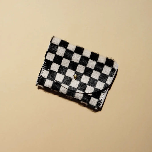 Black + White  Checkered Hair on Hide Cardholder