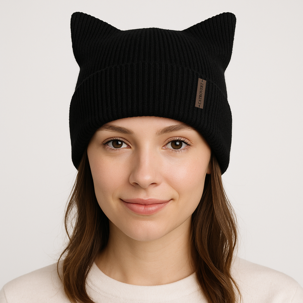 Catrovert Cat Ear Square Ribbed Knit Beanie - Black
