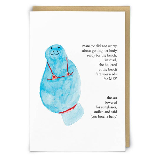 Zeppelinmoon card with a watercolour blue manatee in a red bikini beside the 'you betcha baby' poem - PABOOM