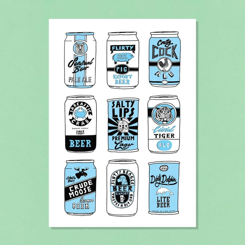 Beer Cans Black + Blue A3 Print