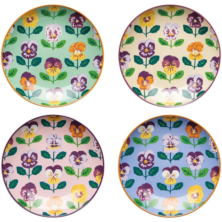 Four round porcelain appetizer plates in mint, cream, pink, and blue, each painted with purple and yellow pansies – PABOOM