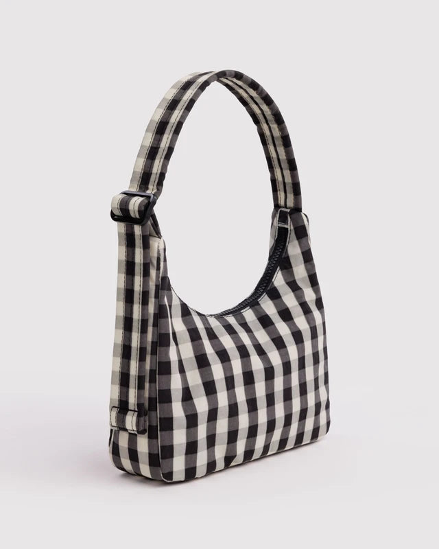 BAGGU Mini Nylon Shoulder Bag Black and Cream Gingham strap and hardware detail - PABOOM