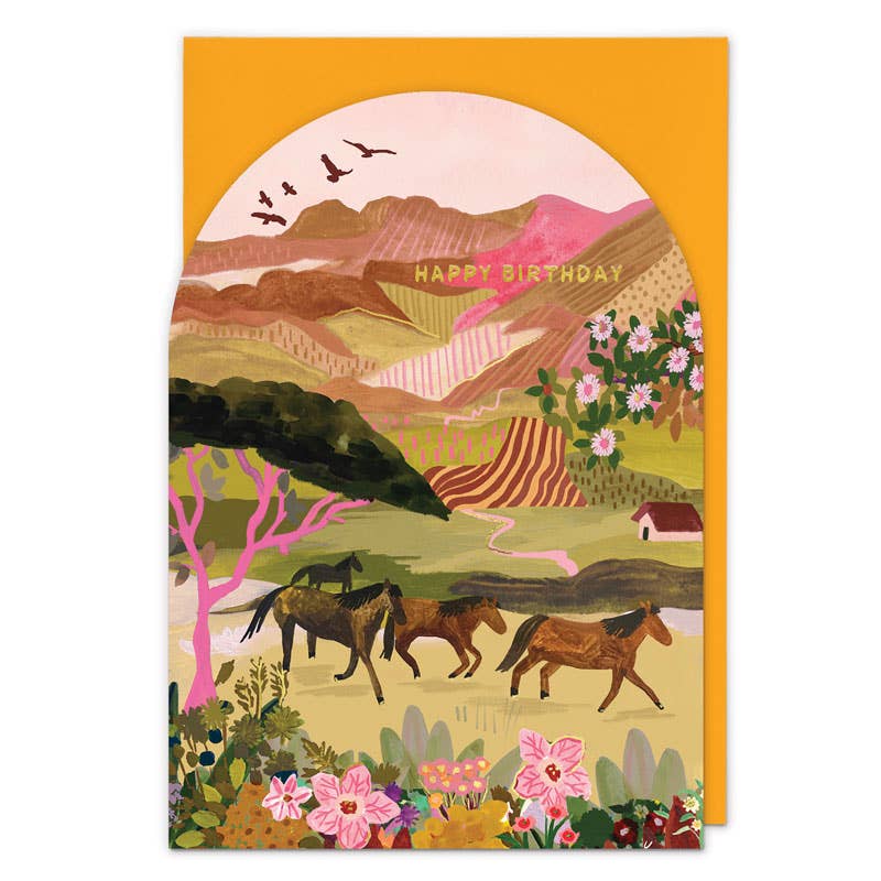 Arched birthday card with brown horses galloping across pink and green hills under flying birds, 'Happy Birthday' text - PABOOM