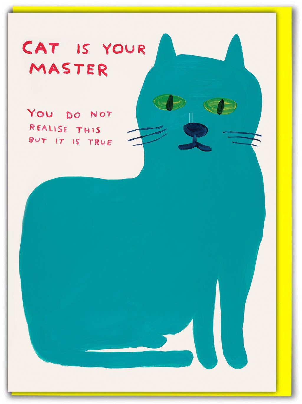 David Shrigley illustration of a teal cat with green eyes and the caption "Cat is your master, you do not realise this but it is true" - PABOOM