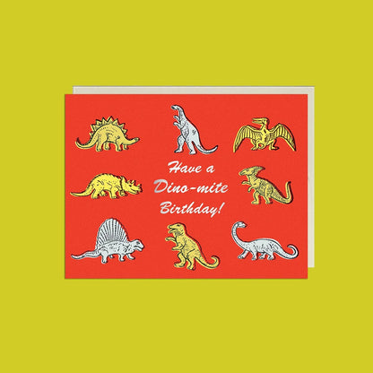 Dino-mite Birthday foil greeting card - size reference - PABOOM