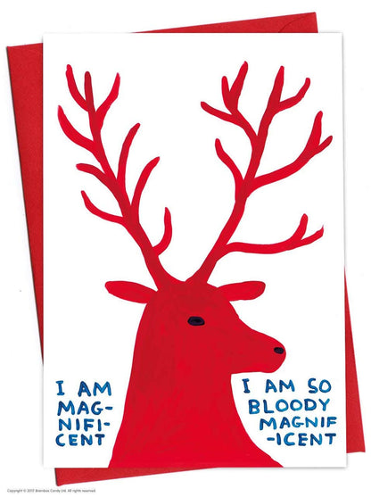 David Shrigley x Brainbox Candy Magnificent Deer Christmas card with red envelope - PABOOM