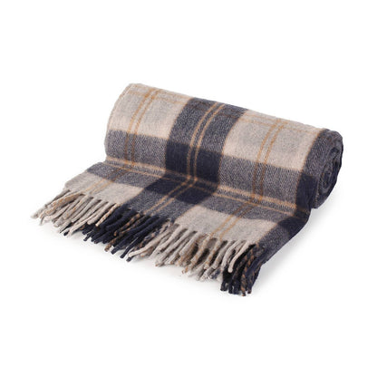 Rolled Bannockbane Silver tartan wool throw blanket in charcoal, navy and tan plaid with fringed edge - PABOOM