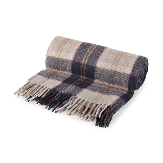 Rolled Bannockbane Silver tartan wool throw blanket in charcoal, navy and tan plaid with fringed edge - PABOOM