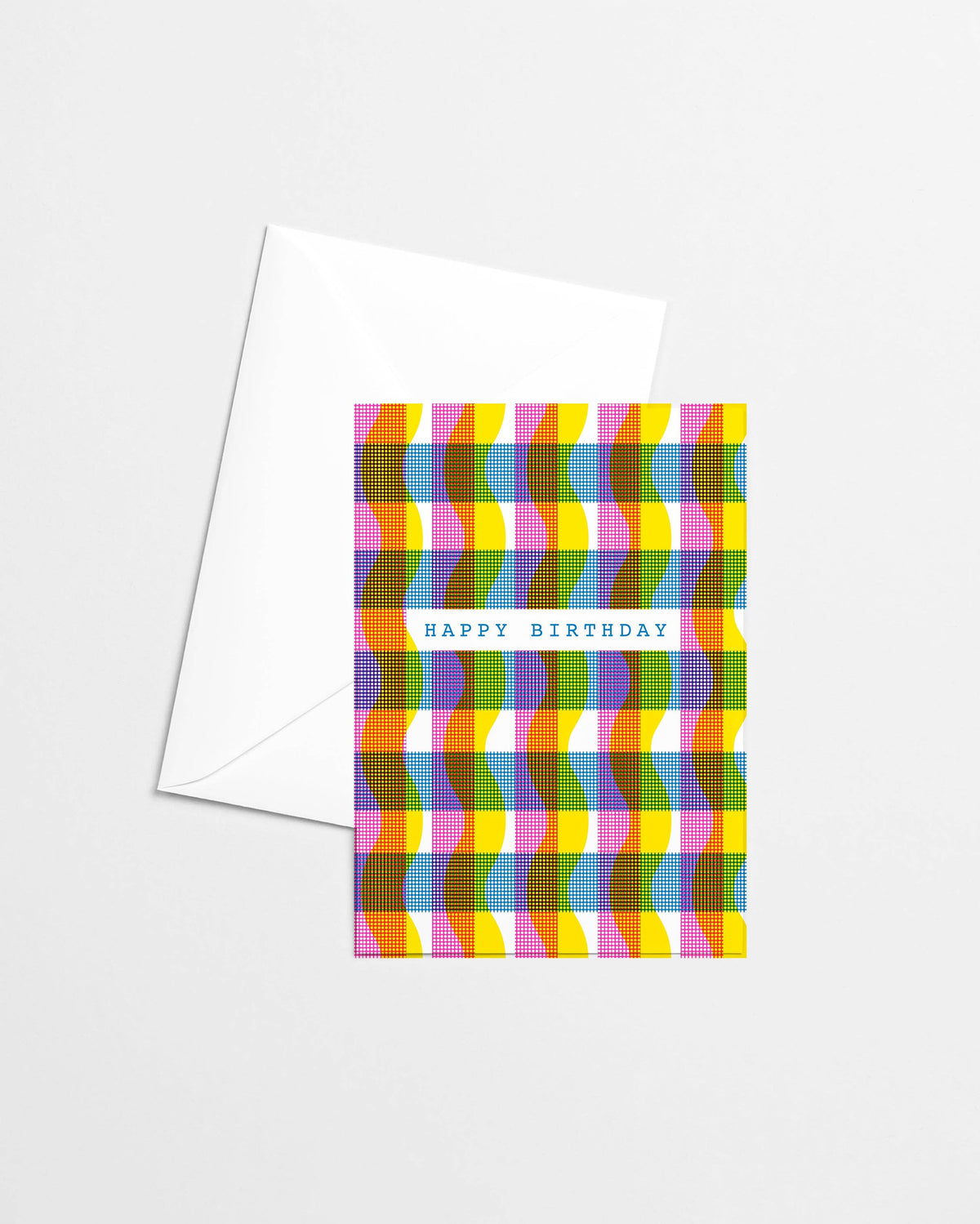 Happy Birthday greeting card with a wavy rainbow gingham CMYK pattern - PABOOM