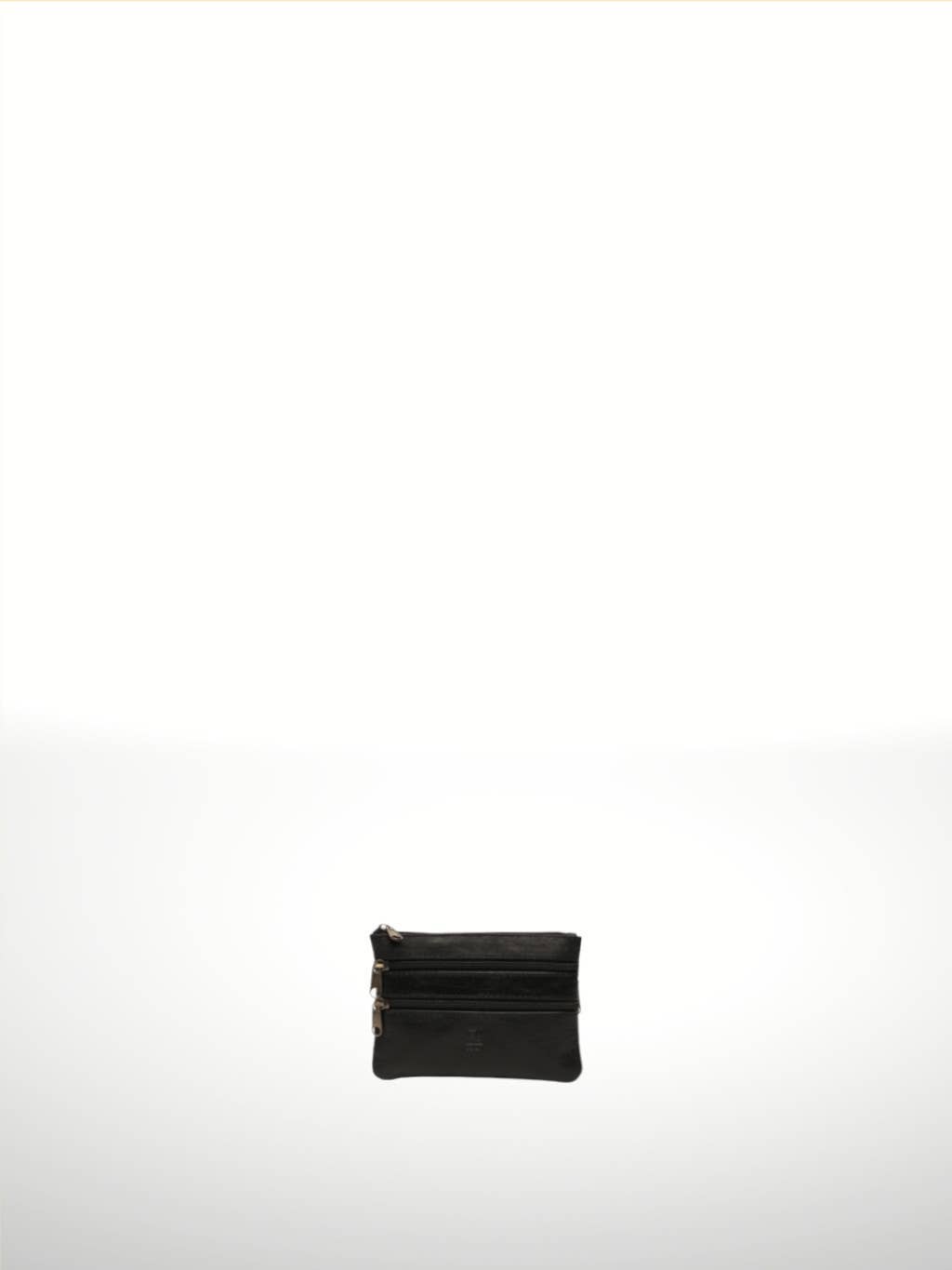 Titan Leather Wallet in Black — compact three-zip leather pouch with embossed logo tab, shown flat on white background