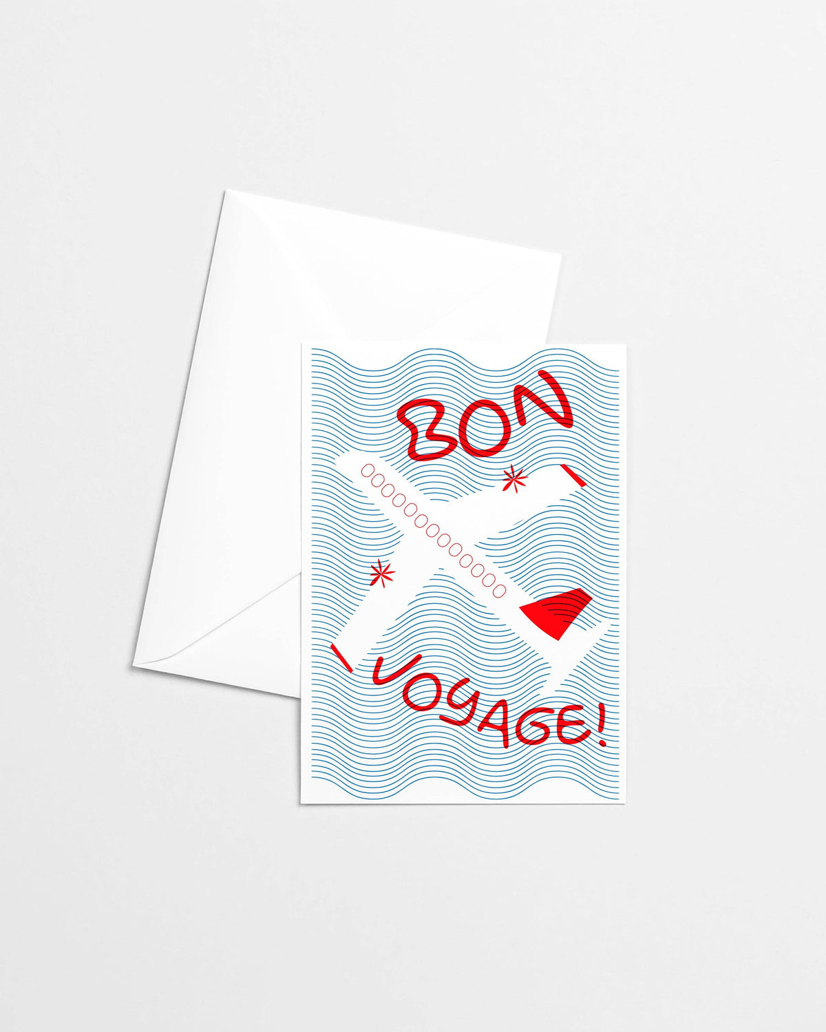 Bon Voyage risograph card with a red retro airplane over blue wave pattern - PABOOM