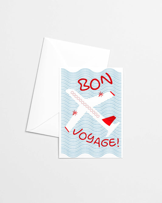 Bon Voyage risograph card with a red retro airplane over blue wave pattern - PABOOM