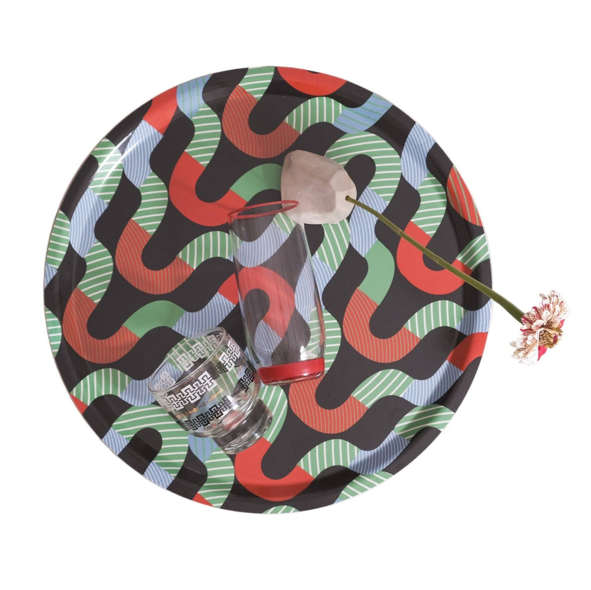 Interlock design birchwood tray with mint green, red and pale blue ribbon pattern on black - PABOOM
