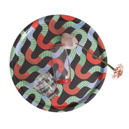 Interlock design birchwood tray with mint green, red and pale blue ribbon pattern on black - PABOOM