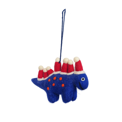 Handmade felt Blue Dinosaur with Santa Hats Hanging Dec