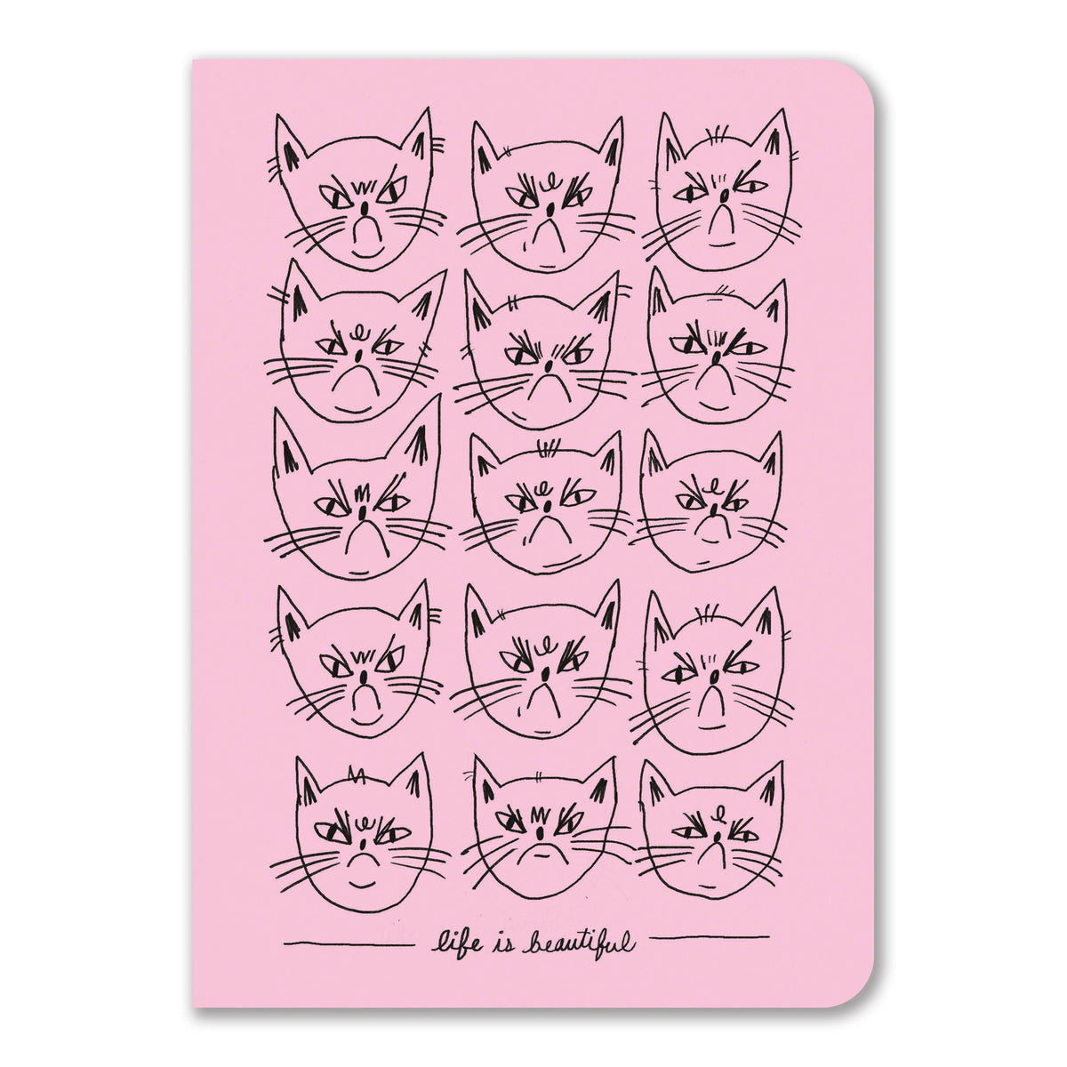 Pink notebook covered in fifteen black line-drawn grumpy cat faces with life is beautiful caption - PABOOM