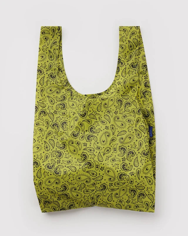 BAGGU Standard Baggu reusable bag in Chartreuse Paisley print folded flat - PABOOM