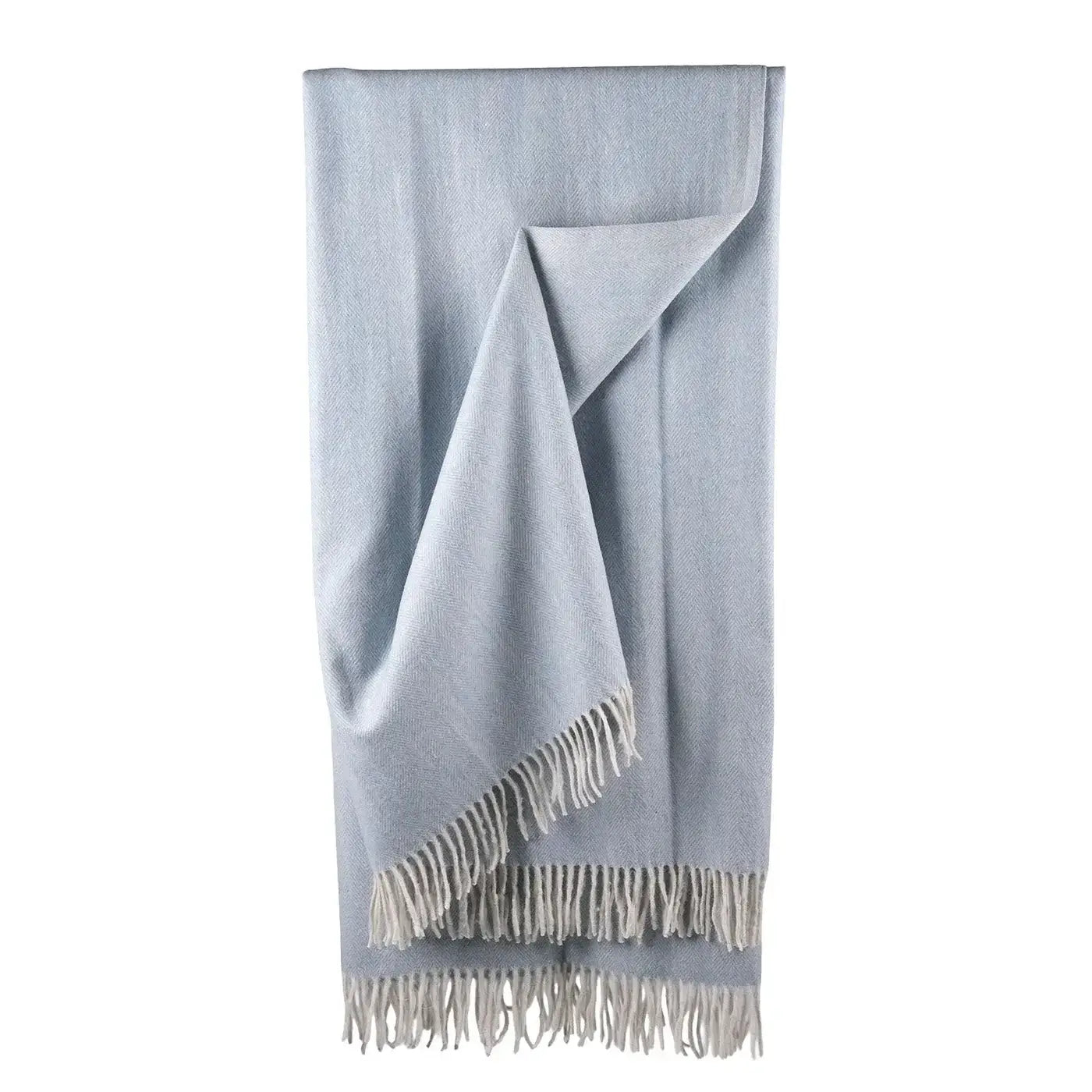 Close-up of Cornflower herringbone weave texture on wool throw blanket - PABOOM